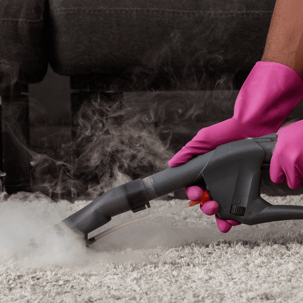 A man cleaning carpet with steam