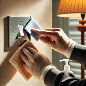 A close-up of a person cleaning a light switch with a disinfectant cloth