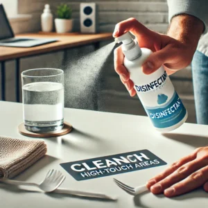 A hand spraying disinfectant on a table surface