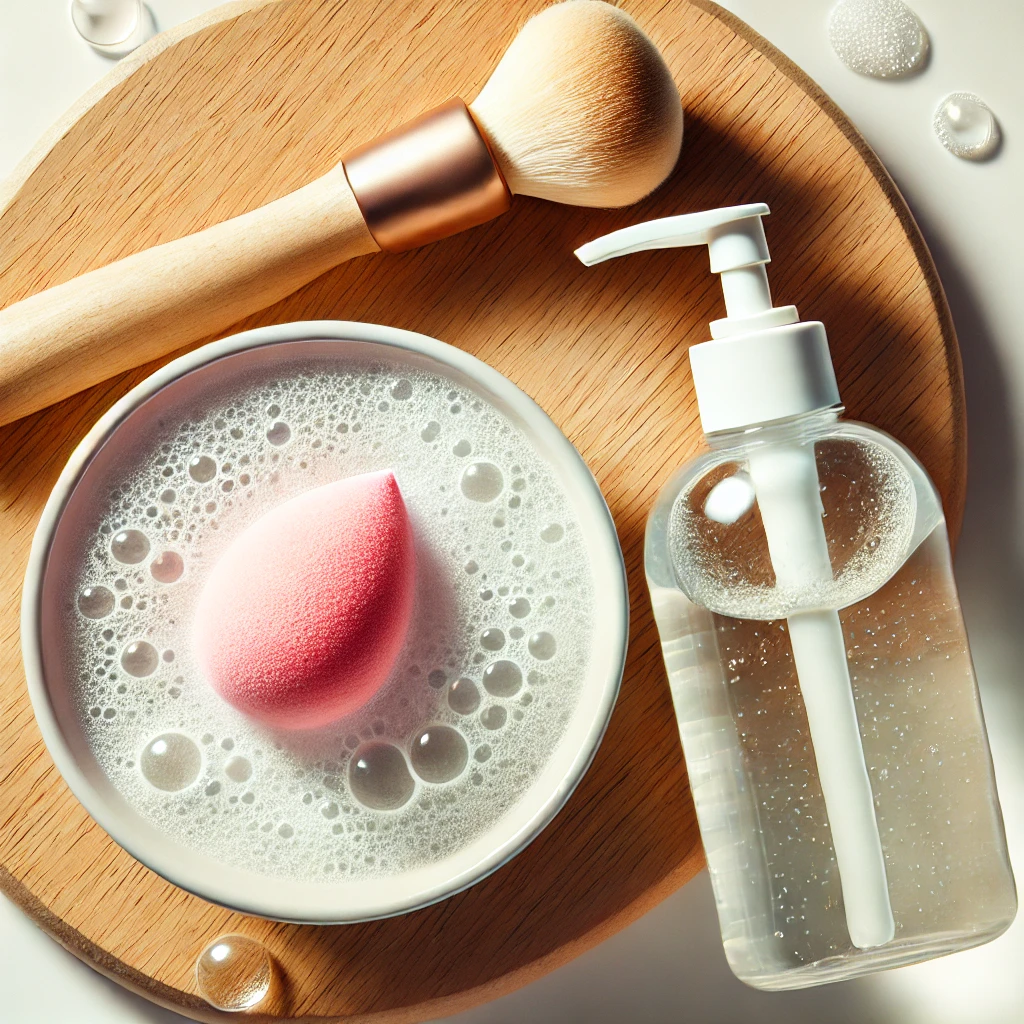 A-flat-lay-image-featuring-a-beauty-blender-a-bowl-of-soapy-water-and-a-bottle-of-liquid-soap-arranged-on-a-clean-white-surface.-The-beauty-