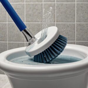A close-up image of a toilet bowl being scrubbed by a toilet brush