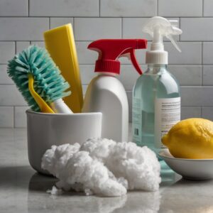 A close-up image of essential cleaning supplies for tackling a stained toilet bowl.