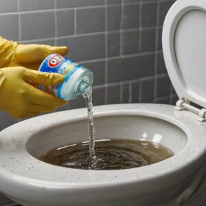 A step-by-step visual of the process of pouring vinegar into a toilet bowl